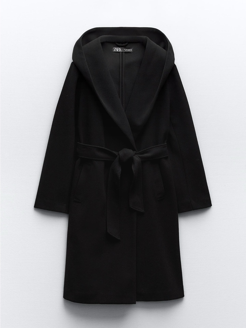 ZARA Black Soft Hooded Wrap Robe Coat with Belt- XXL